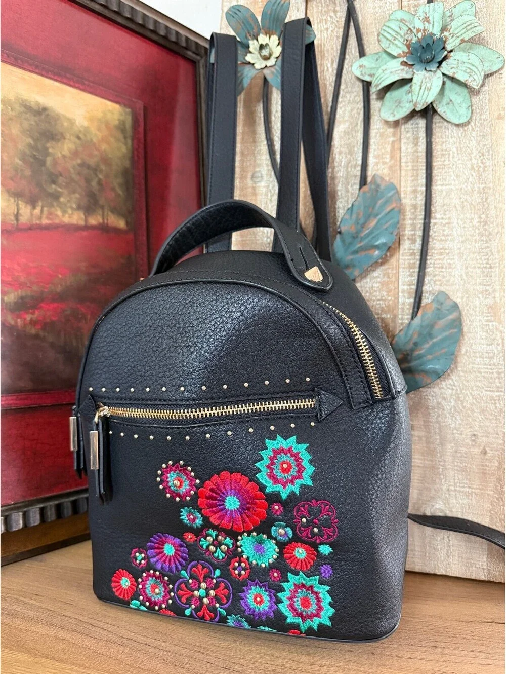 Steve Madden Black Floral Embroidered Faux Leather Backpack